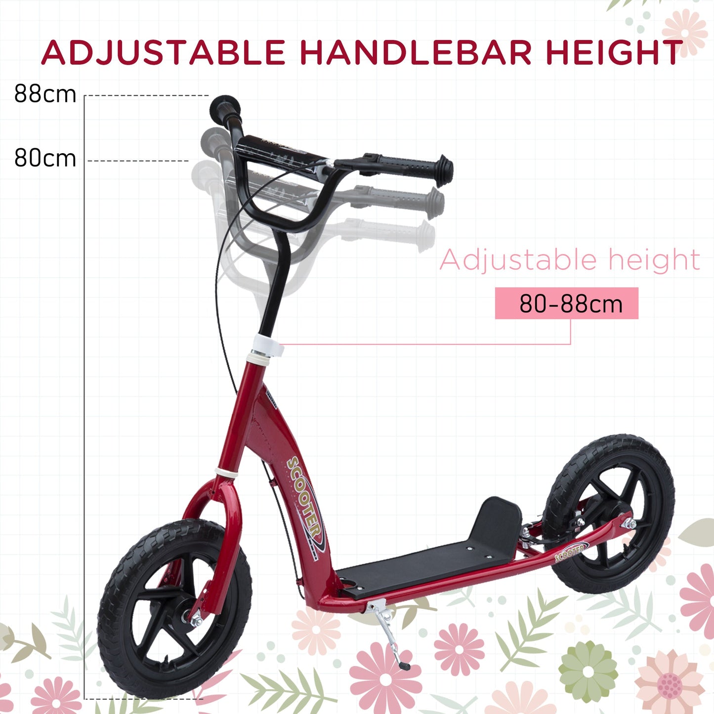 HOMCOM Kids Scooter Kick Scooter, with 12" EVA Tyres, Rear Brake, Big Wheels Scooter for 5-12 Years, Red