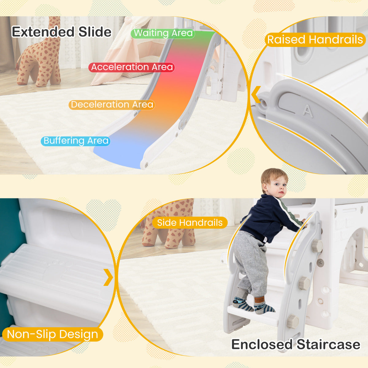 Close up of the grey and white kids slide and climber playset showing safety features and slide sections