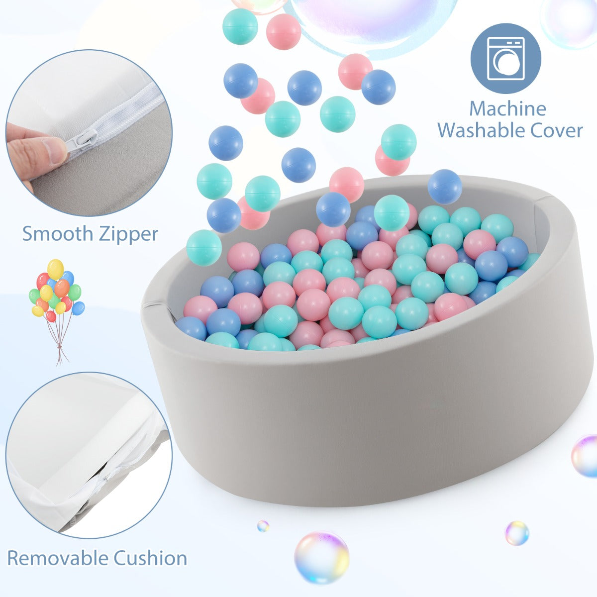 The soft play set highlighting the removable cover and zipper features