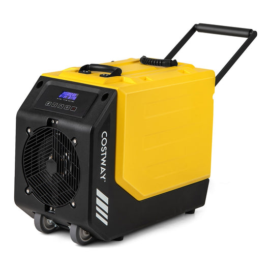 Yellow and black commercial dehumidifier with wheels and a pull-up handle