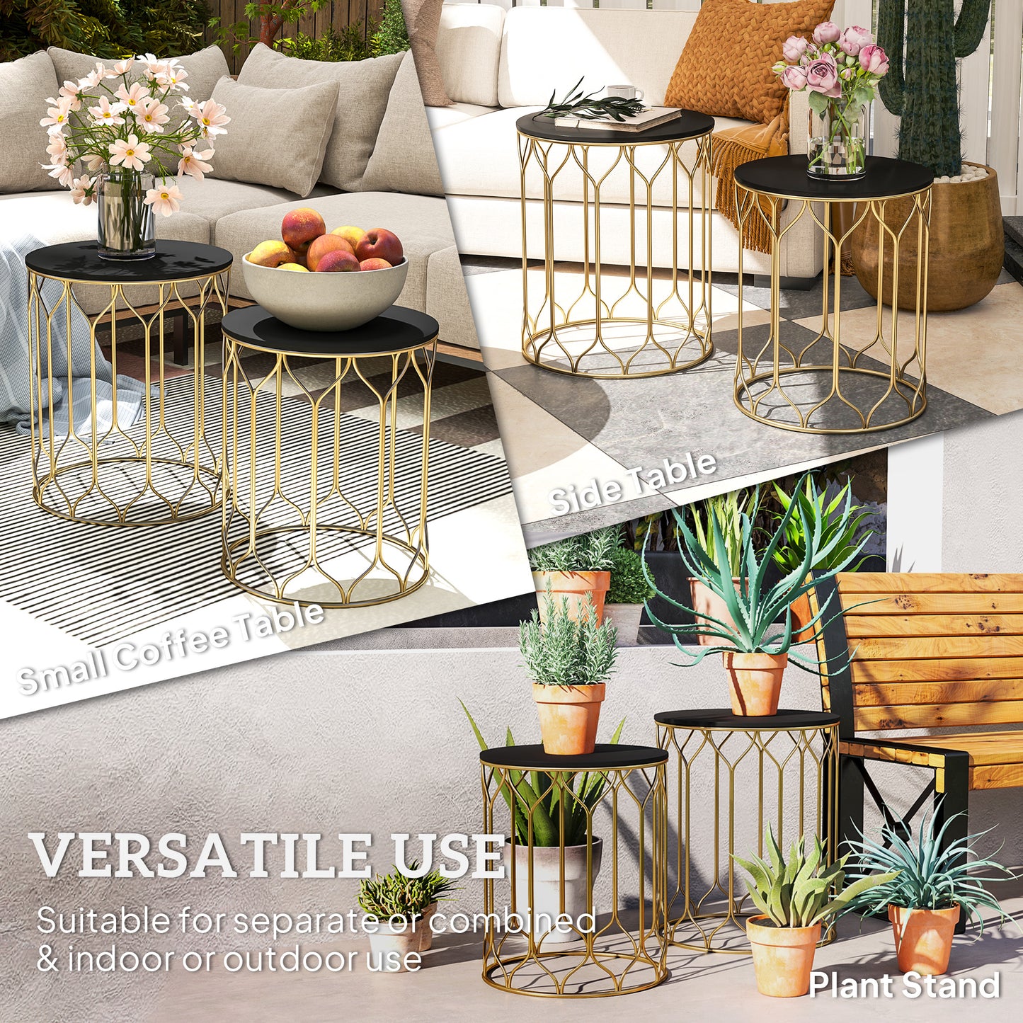 Outsunny Garden Side Table Set of 2, Nesting Tables with Ceramic Tile Top, Indoor Outdoor Small Garden Tables, Multifunctional End Tables with Metal Frame for Patio, Balcony, Porch, Black