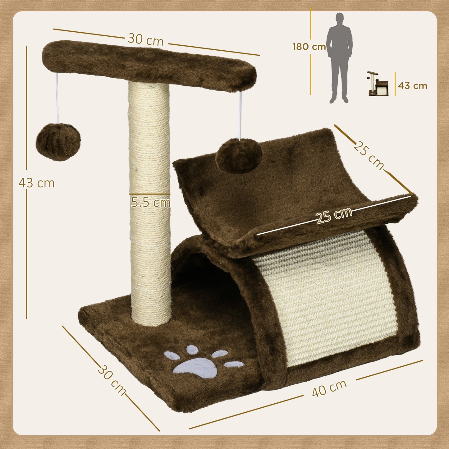 PawHut Cat Tree, Cat Tower for Kittens, Small Cat Condo with Rotatable Top Bar, Sisal Scratching Post, Tunnel, Dangling Balls - Brown
