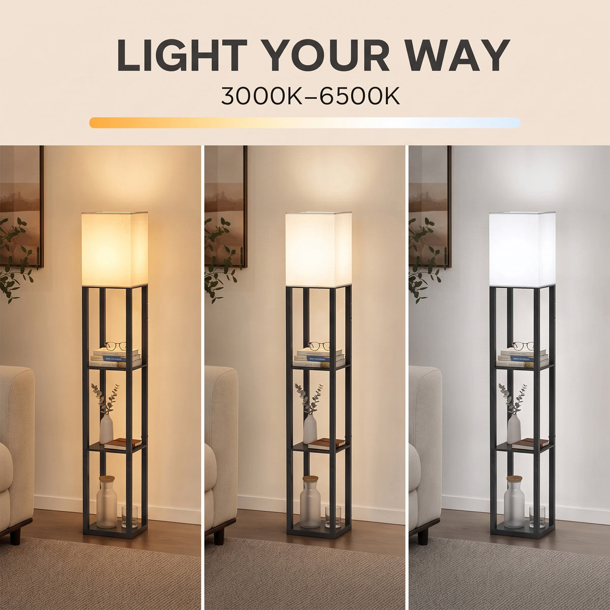 HOMCOM Floor Lamp with Shelves in Black