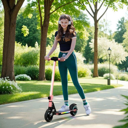 سكوتر كهربائي قابل للطي من SPORTNOW للأطفال، مع فرامل مزدوجة، تعليق أمامي، أضواء LED ملونة، وردي