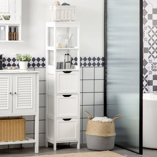 HOMCOM Narrow Floor Cabinet, Bathroom Cabinet with 3 Drawers and 2 Open Shelves, 30W x 30D x 141.6Hcm, White