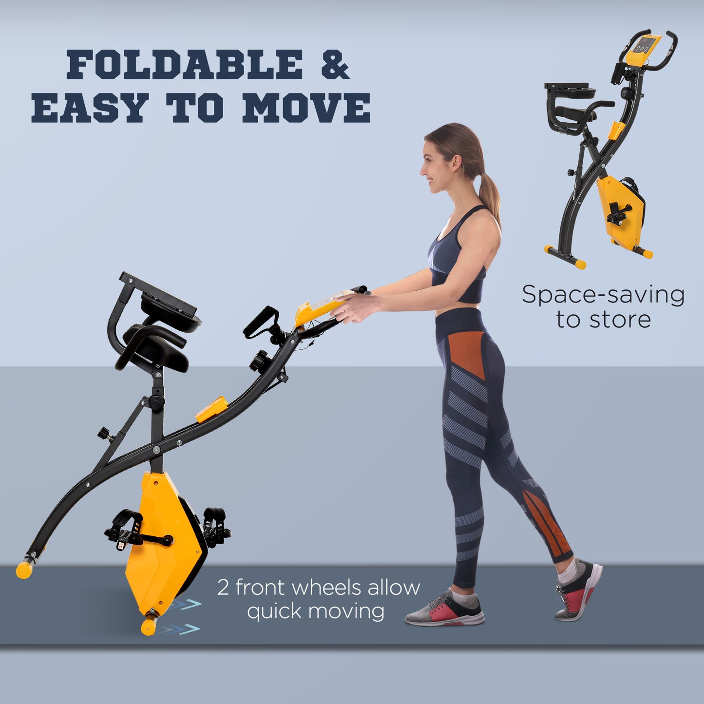 HOMCOM 2-in-1 Folding Exercise Bike with 8-Level Magnetic Resistance, Arm Resistance Band, Pulse Sensor, Yellow