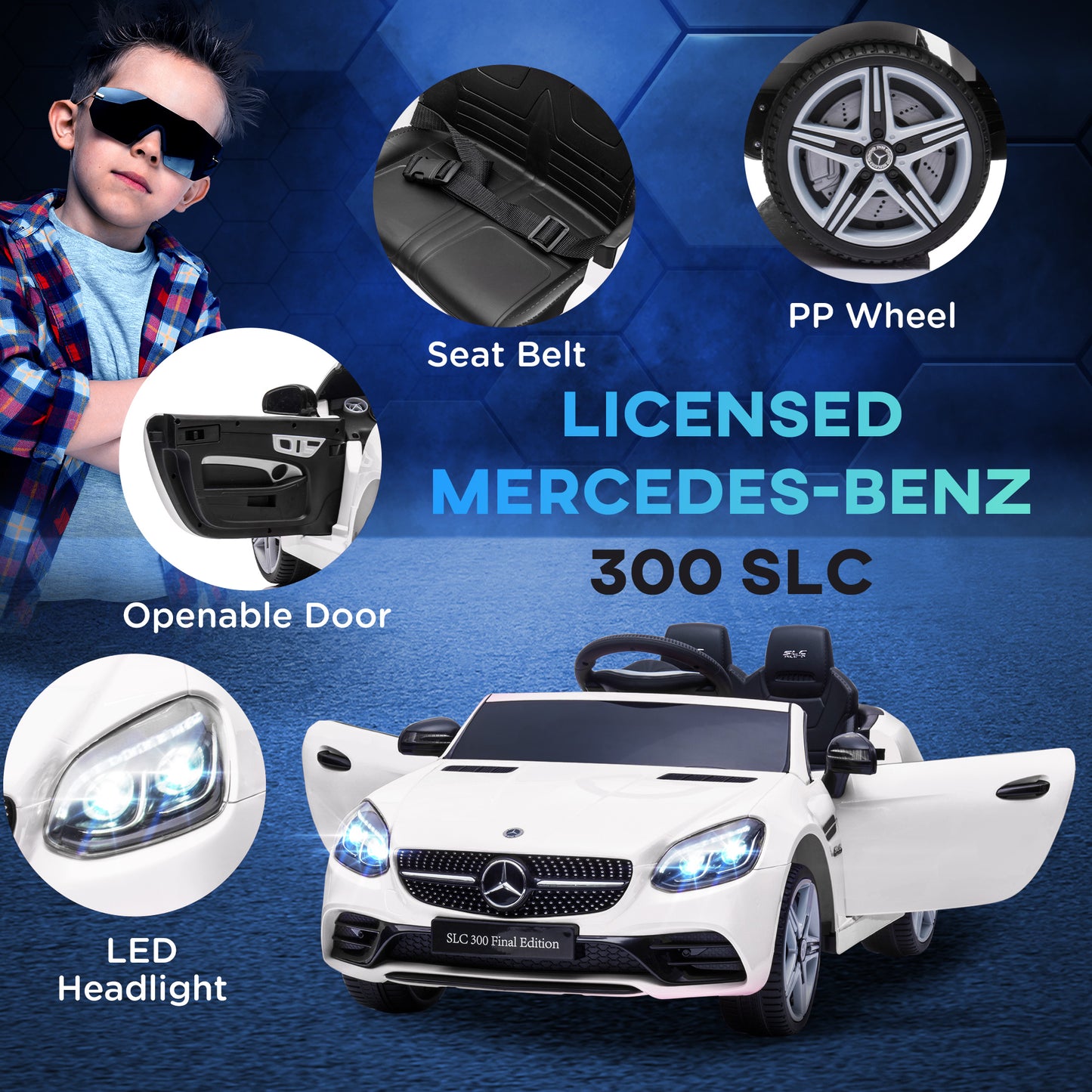 HOMCOM Benz SLC 300 Licensed 12V Kids Electric Ride On, with Music, Remote Control, LED Headlights, Horn, White