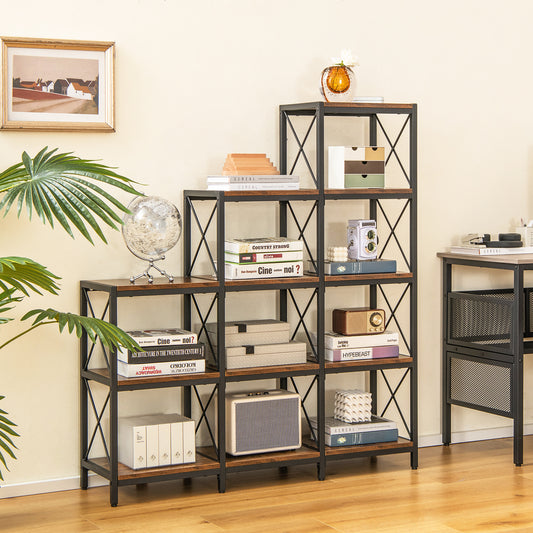 The stepped bookcase filled with books, decorative items and a globe in a room setting