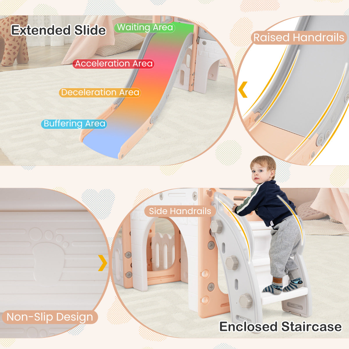 The kids slide showing close-ups of the safety features like handrails and non-slip steps