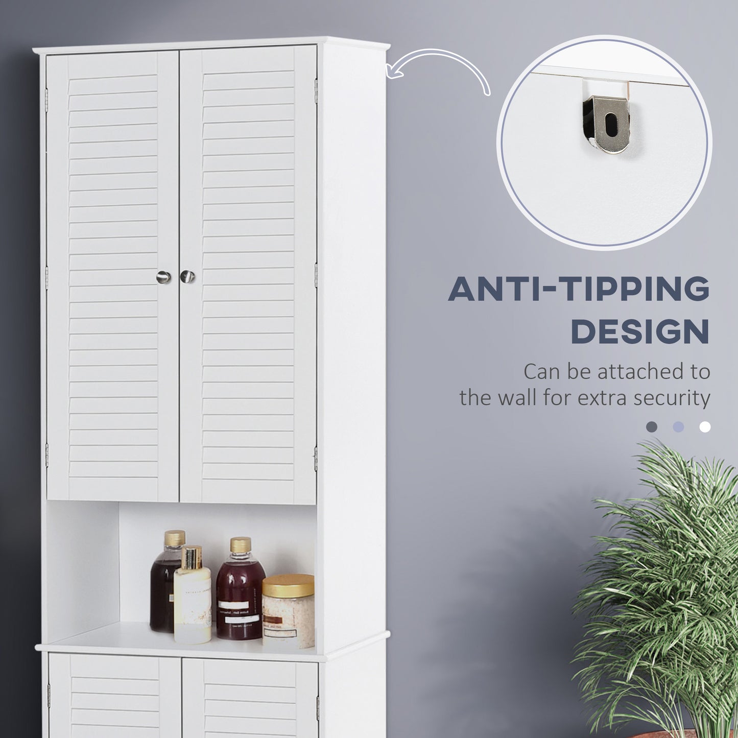 HOMCOM Tall Freestanding Bathroom Cabinet Retro Shutters w/ 3 Compartments Shelves Elevated Base Narrow Organiser White 60L x 30W x 182.5H cm