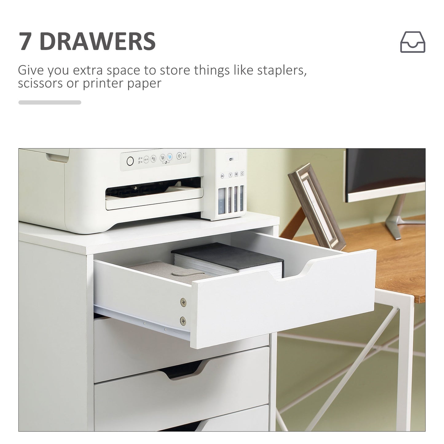 Vinsetto Seven-Drawer Filing Cabinet, with Wheels - White