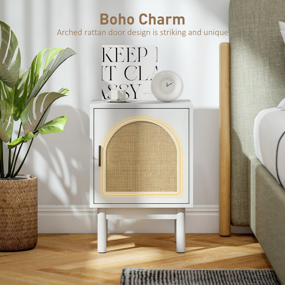 HOMCOM Rattan Bedside Table for Bedroom - White