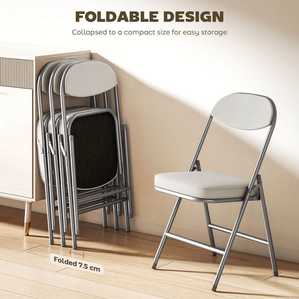 HOMCOM Set of Four Folding Corduroy Seat Chairs - Off-White