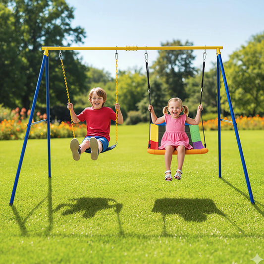 Children enjoying the swing set on a sunny day