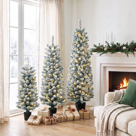 HOMCOM Prelit Snowy Flocked Artificial Christmas Tree Set in Green and White