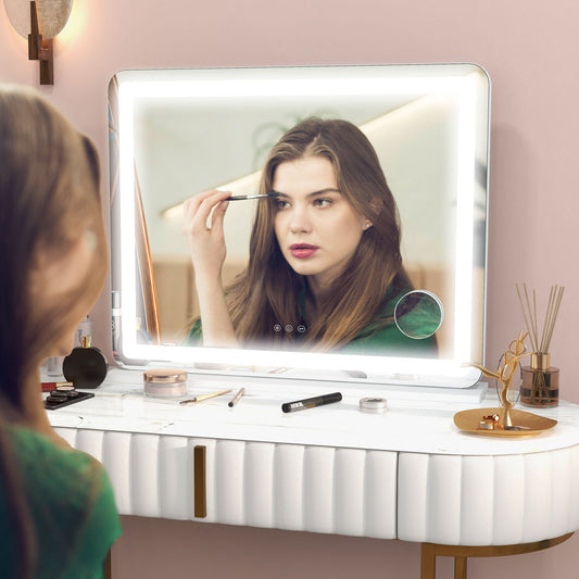مرآة زينة من HOMCOM مع أضواء، مرآة مكياج كبيرة مضيئة بـ 3 أوضاع إضاءة ملونة، تكبير 10X، منفذ شحن USB، شاشة لمس، تصميم يوضع على الطاولة أو يثبت على الحائط لغرفة النوم، أبيض