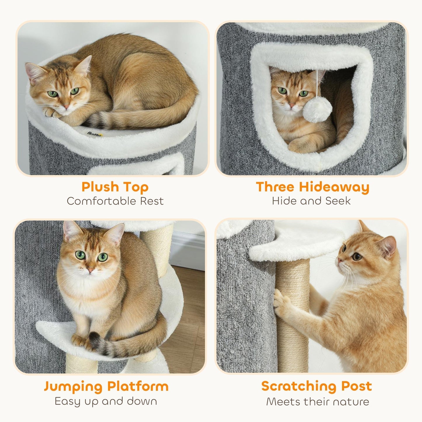 PawHut 101 cm Cat Tree with Sisal Scratching Posts, 3 Barrel Condos, 3 Platforms, for Indoor Cats to Rest and Play