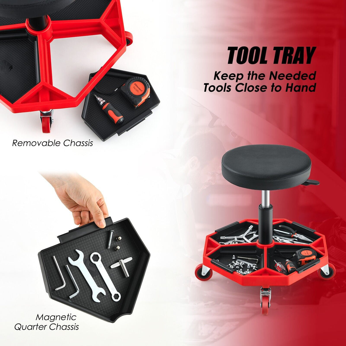 Garage Workshop Creeper Seat with Padded Seat and Tool Tray-Red