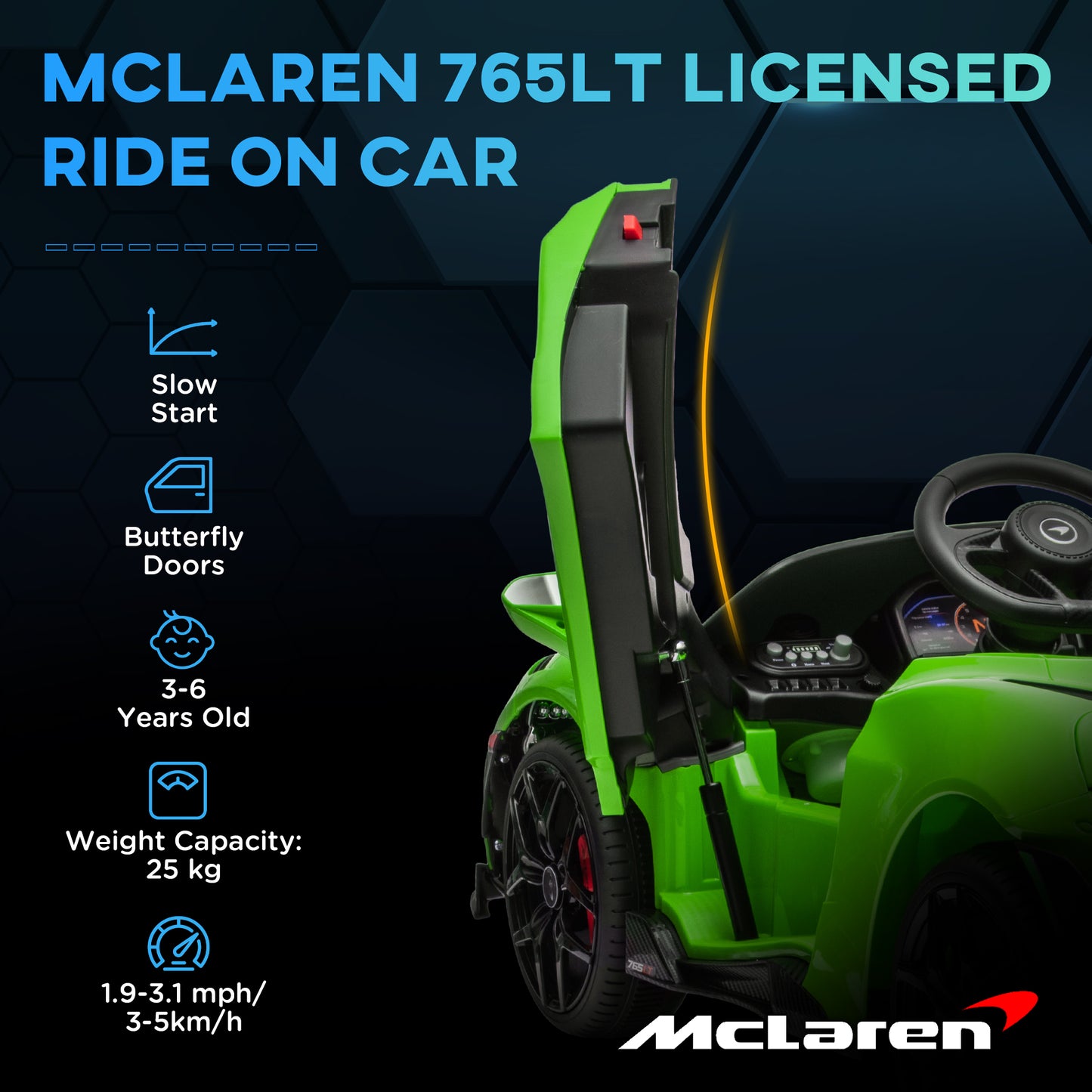 AIYAPLAY McLaren 765LT Licensed 12V Kids Electric Ride on Car with Butterfly Doors, Remote Control, Transport Wheels, Green