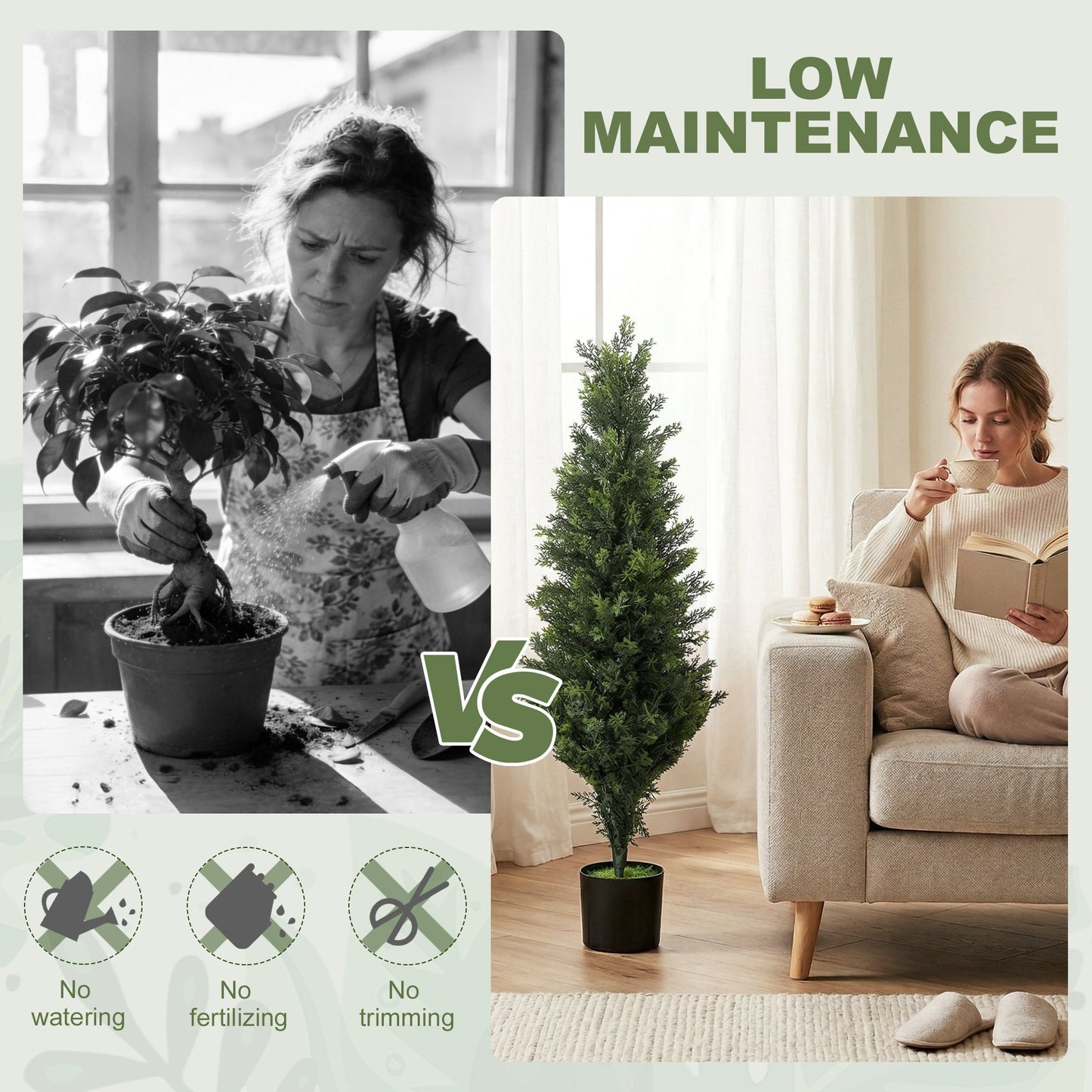 Comparison of a real plant needing care versus a decorative artificial cypress plant