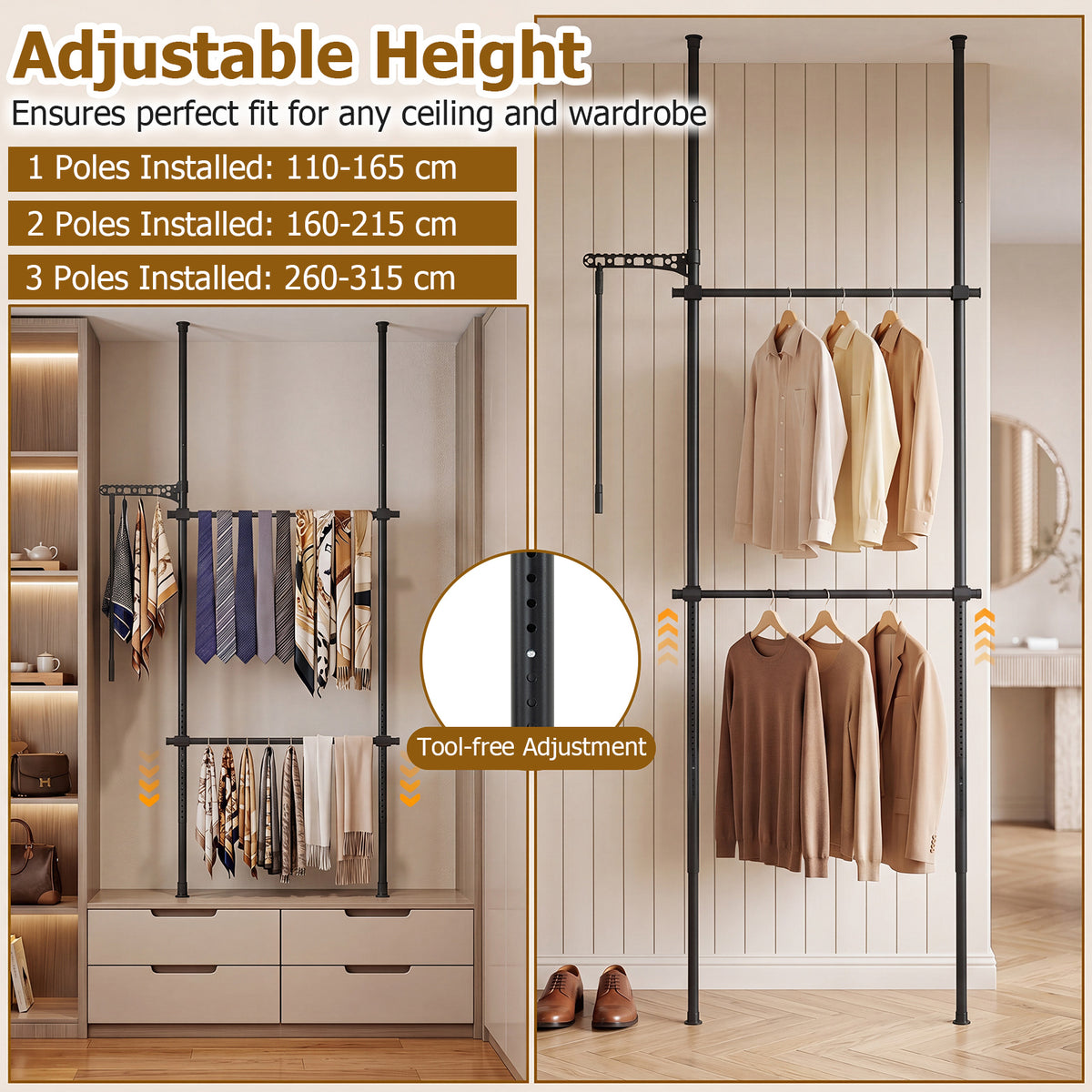 Adjustable Floor to Ceiling Clothes Rack with Double Rods & Folding Drying Rack for Laundry-Black