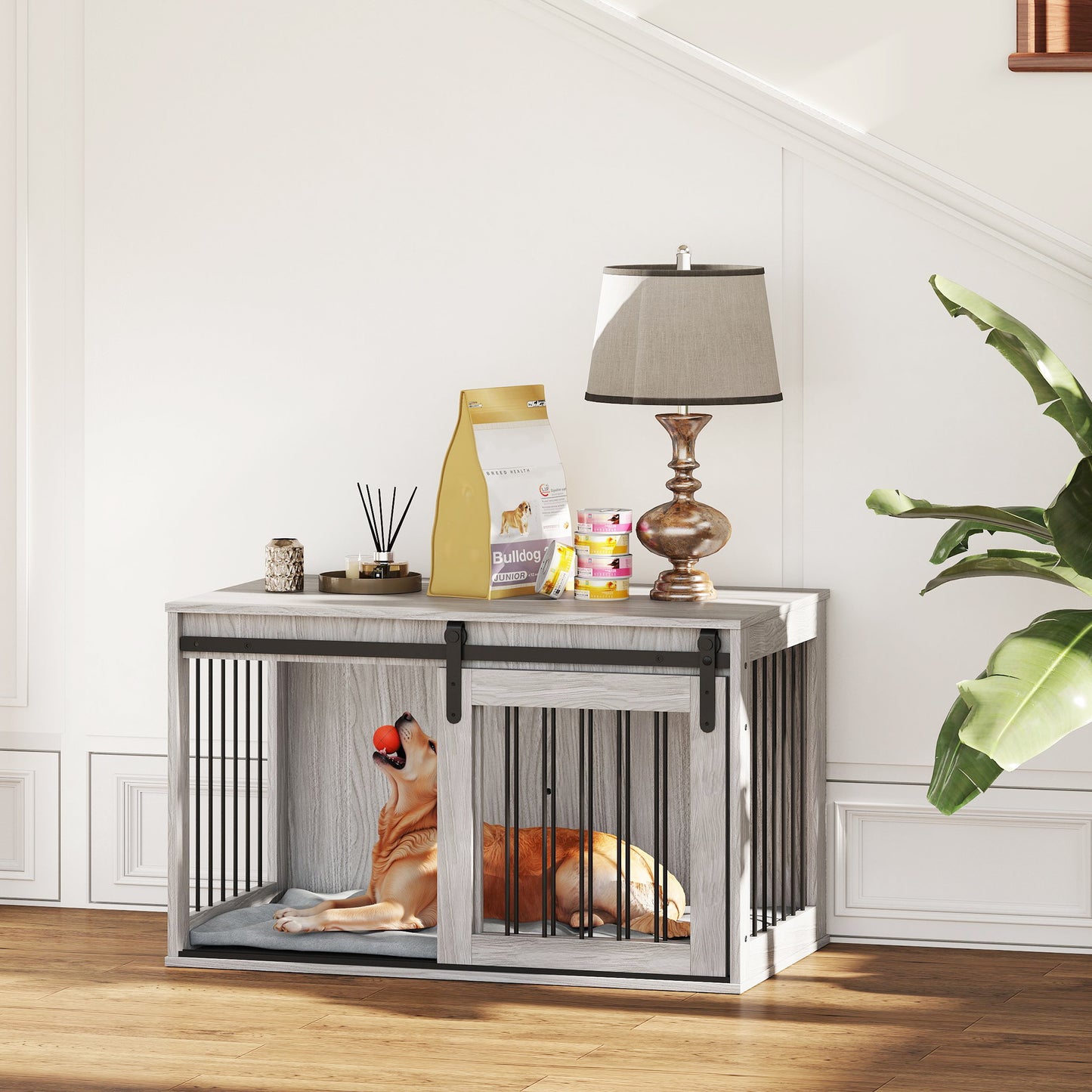 PawHut 98cm Dog Crate Furniture with Removable Cushion for Large Dogs - Grey