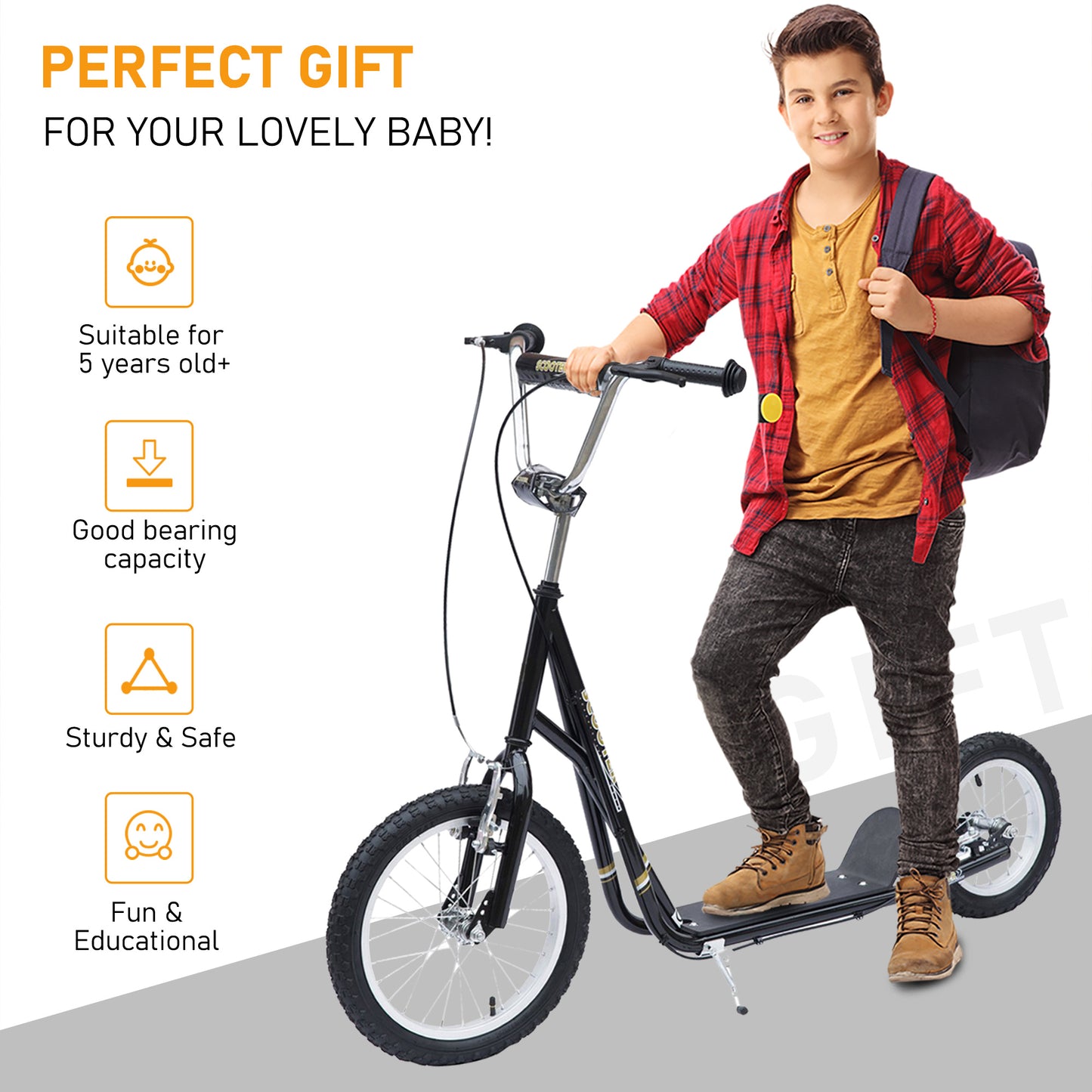 HOMCOM Kids Scooter, Teen Kick Scooter with Rubber Wheels, 16" Front Wheel, Height Adjustable Handlebar, Dual Brakes, Kick Stand, for 5+ Years, Black
