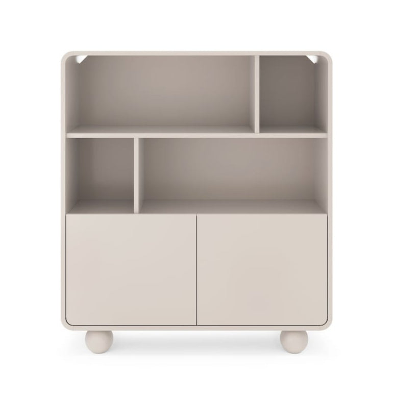 Beige storage unit with wheels on a white background