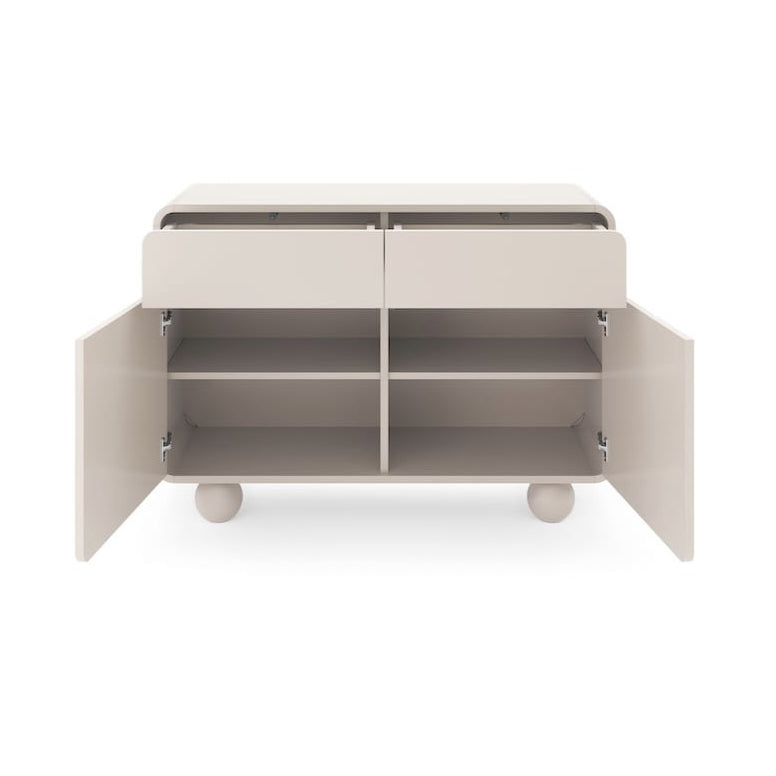 Beige sideboard with open doors on a white background