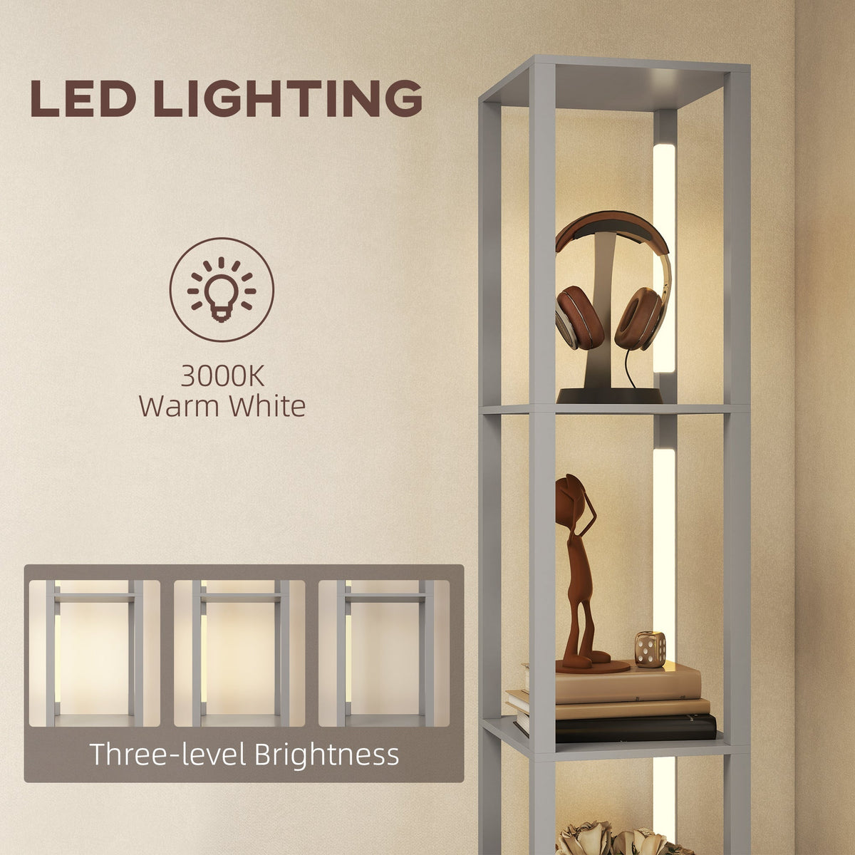 مصباح أرضي من هومكوم مع أرفف، مصباح عمودي LED حديث قائم بذاته مع درج قماشي، سطوع قابل للتعديل، مفتاح قدم لغرفة المعيشة وغرفة النوم والمكتب، رمادي