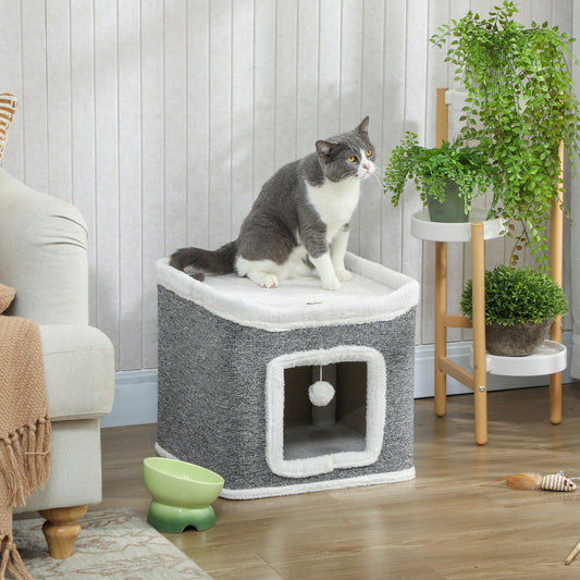PawHut Cat House for Indoor Kittens, 2-Level Cat Cave Bed with Fluffy Balls, Top Bed, Kitten Barrel for Multi Kitties, Grey