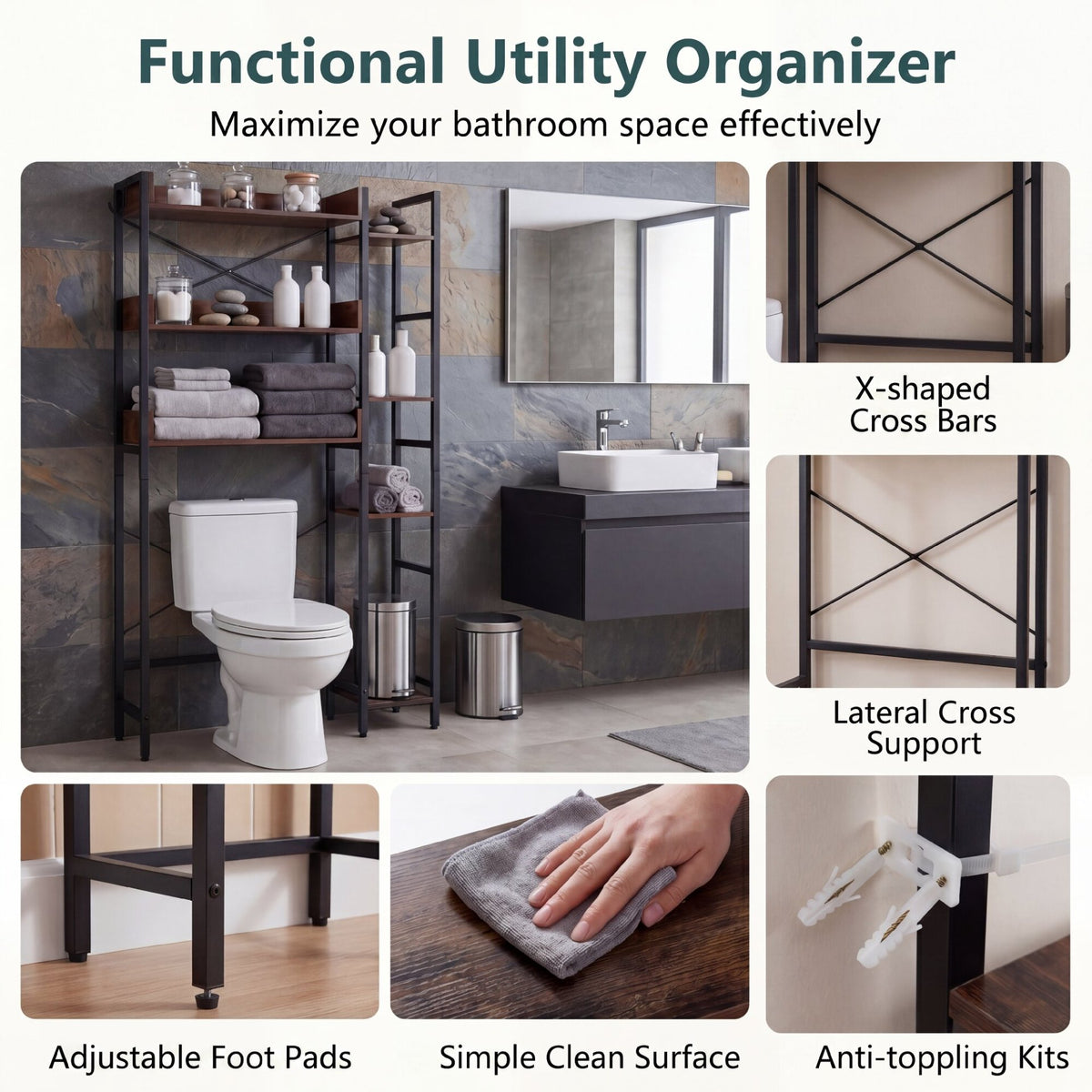 Over Toilet Storage Rack with 2 Fabric Drawers and 4 Hooks for Bathroom-Rustic Brown
