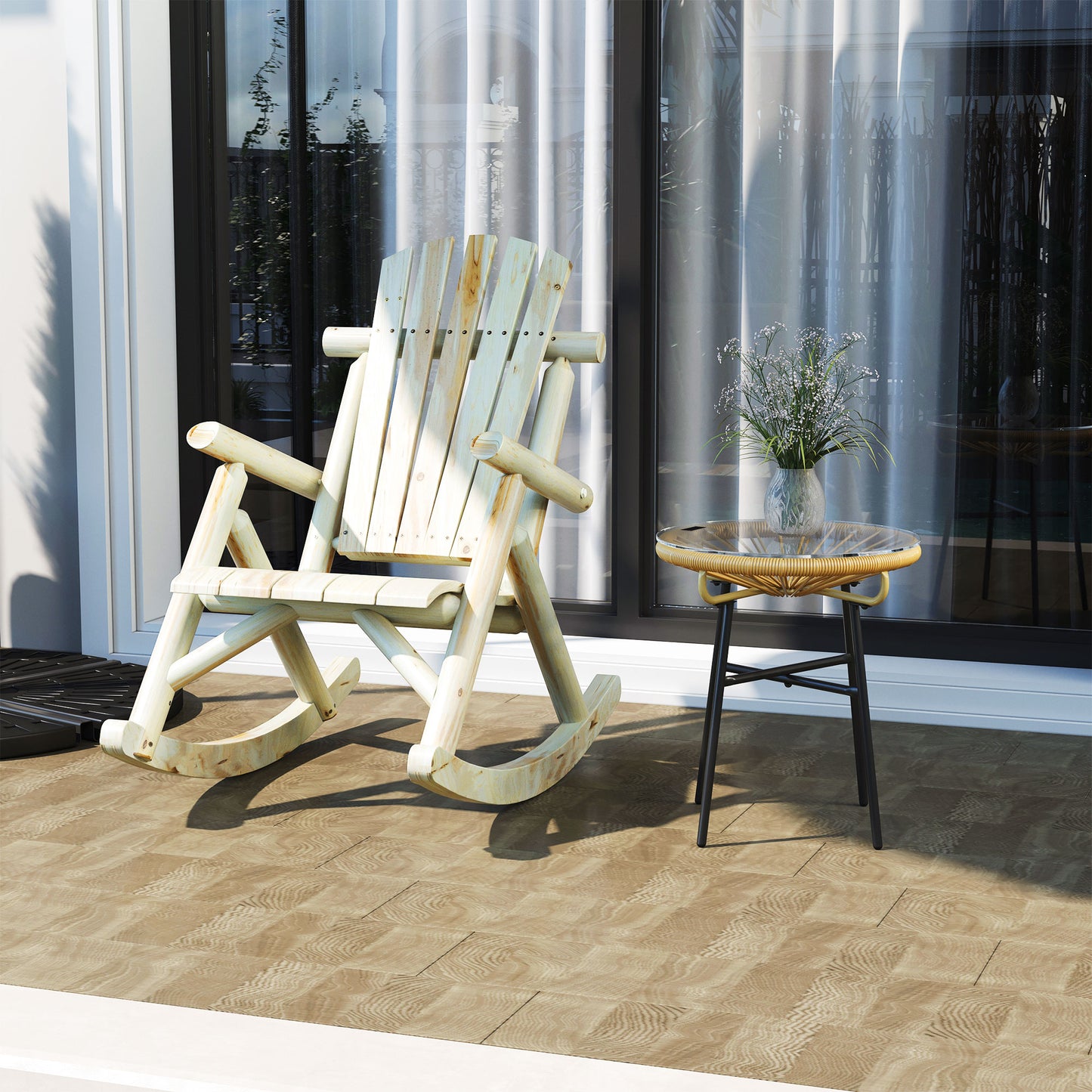 Outsunny 2 Piece Adirondack Chair Cedar Wood Ergonomic Rocking Chair Porch Rocker Garden Traditional - Burlywood