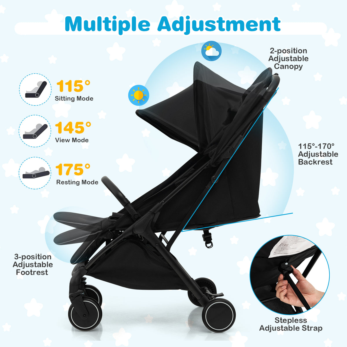Lightweight Baby Stroller with Detachable Seat Cover-Black