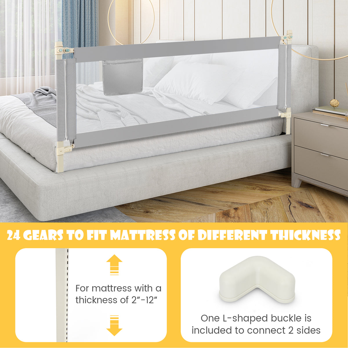196cm Height Adjustable Bed Rail with Double Safety Lock for Toddlers-Grey