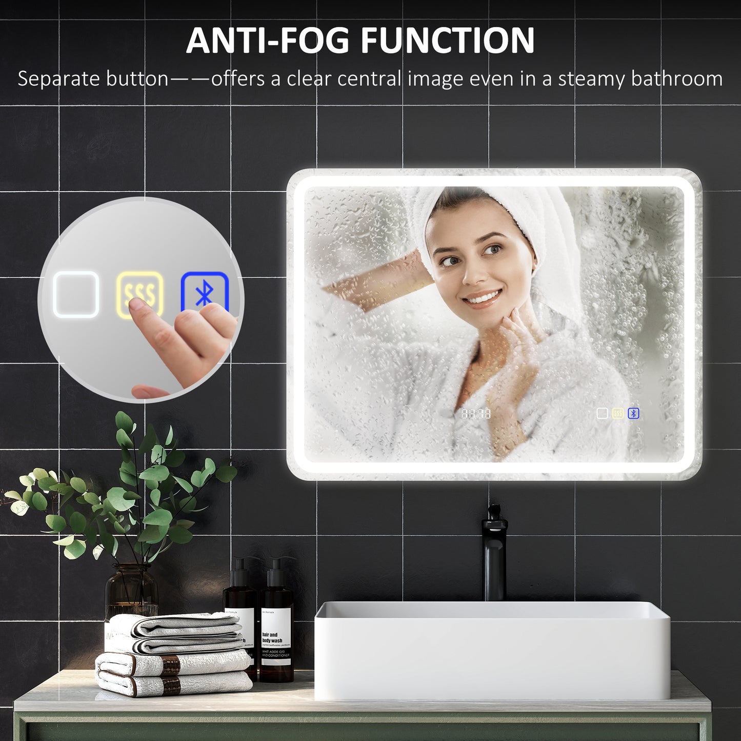 HOMCOM 80 x 60 cm Bluetooth Bathroom Mirror - Silver-Tone