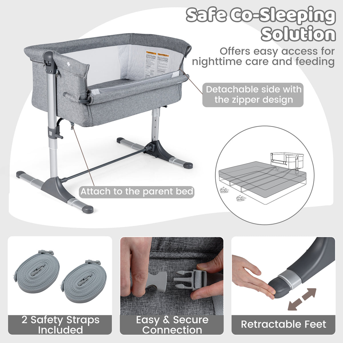 Baby Bassinet Crib Bedside Sleeper with Adjustable Height-Grey