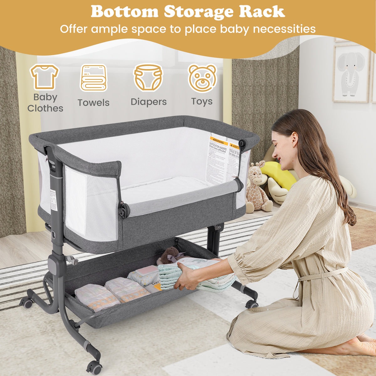 Baby Bassinet Bedside Sleeper with 6-Level Adjustable Height and Storage Shelf-Grey