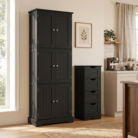Black bathroom storage cabinets shown in a room setting