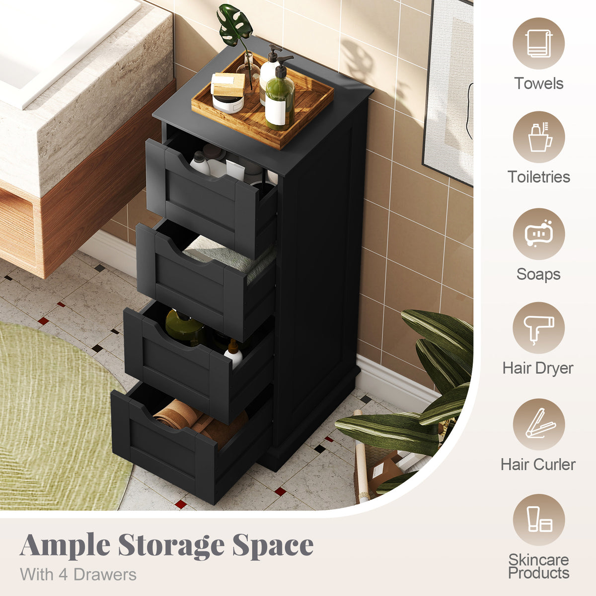 Bathroom Cabinet Set with 6-Door Tall Cabinet and 4-Drawer Cabinet-Black
