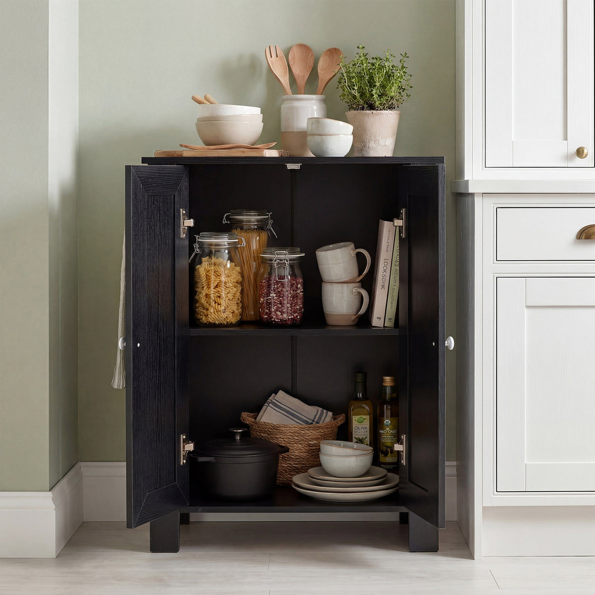 Bathroom Floor Cabinet with Double Doors Freestanding Wooden Storage-Black