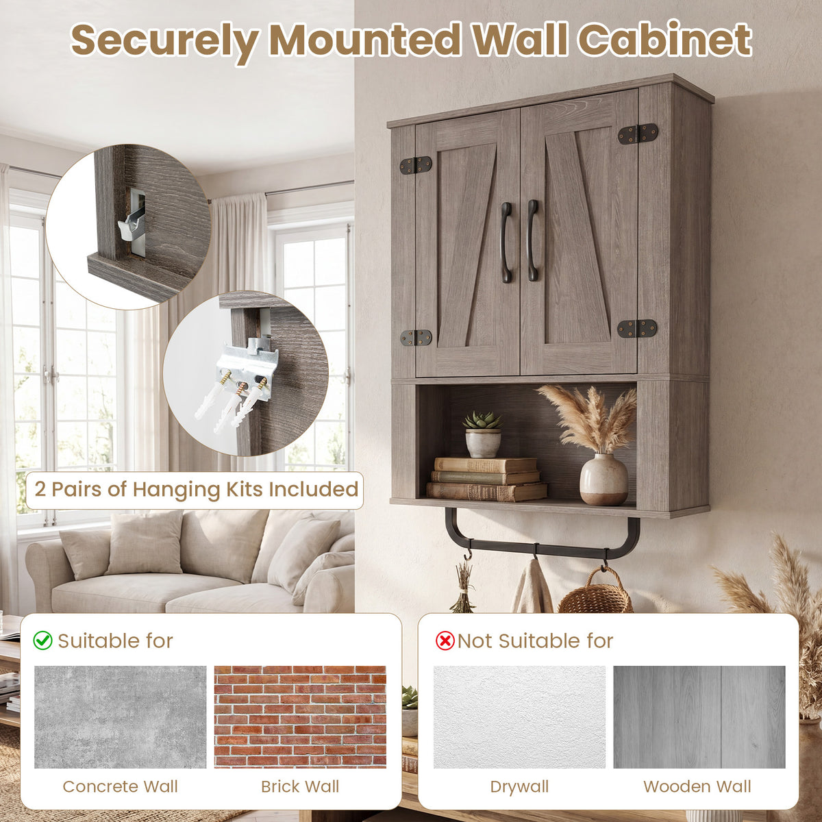 Bathroom Wall Cabinet Farmhouse Wall Mounted Organizer with 2 Barn Doors-Grey