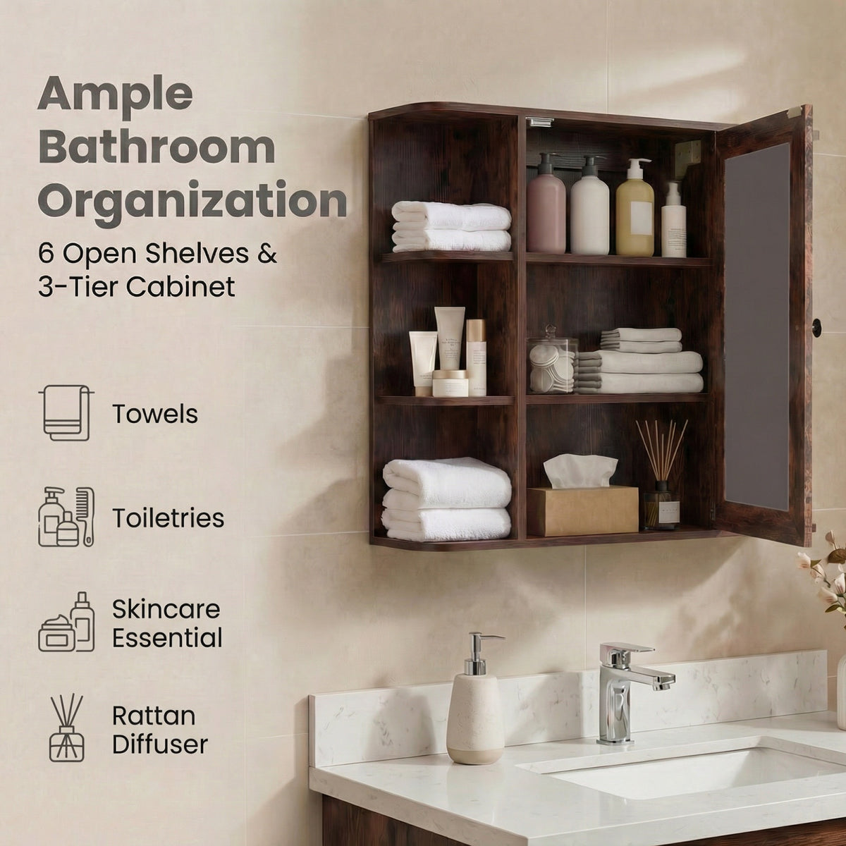 Bathroom Wall Cabinet with Mirror 3 Internal Shelves-Rustic Brown