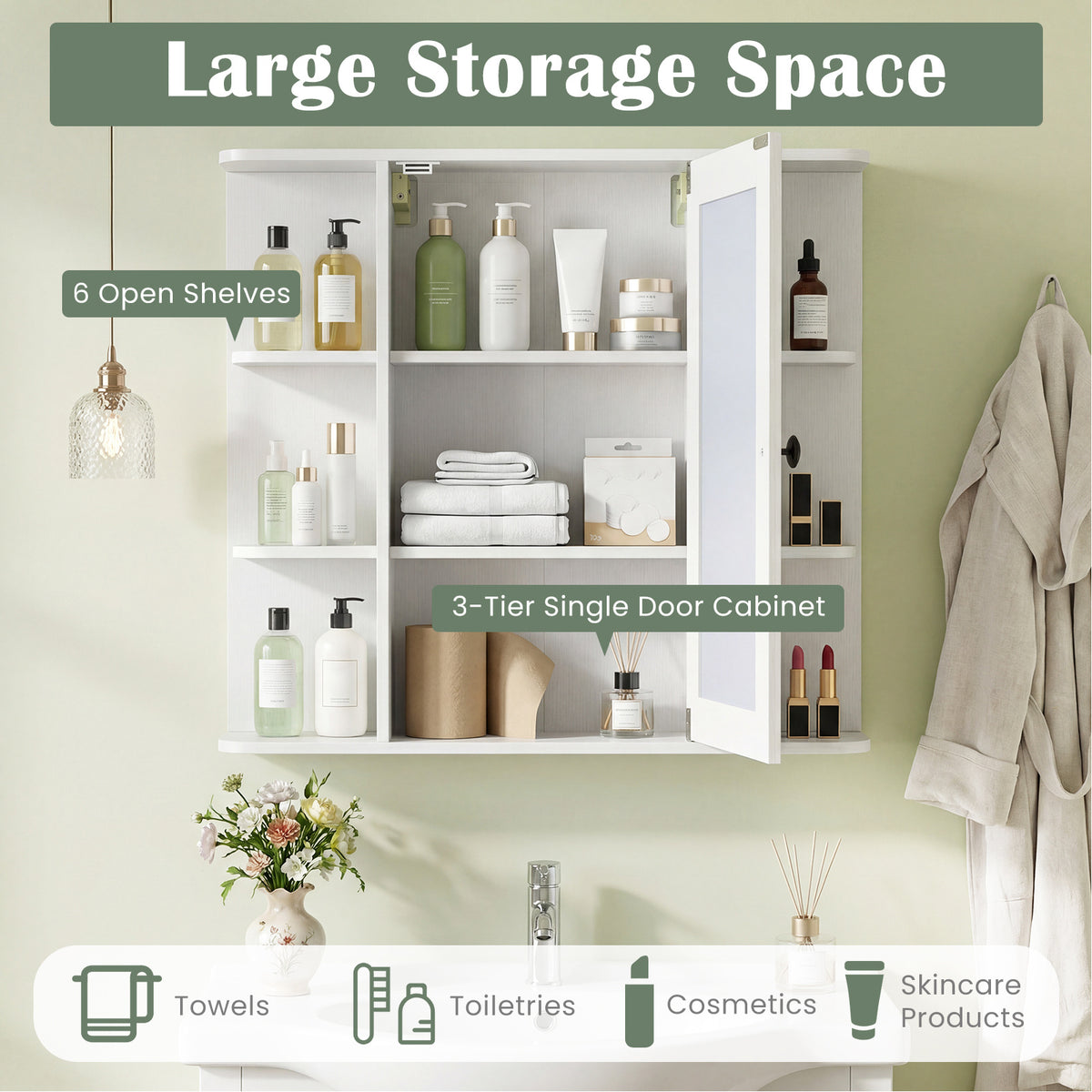 Bathroom Wall Cabinet with Mirror 3 Internal Shelves-White