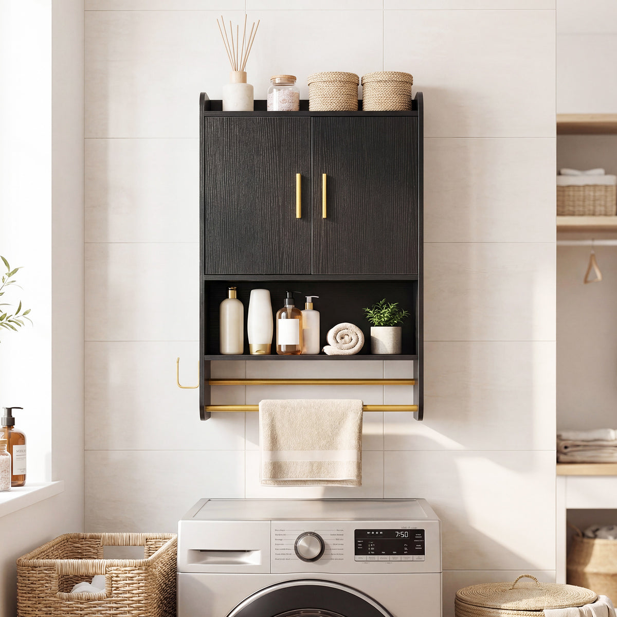 Bathroom Wall Cabinet with Open Shelves and Adjustable Shelf-Black