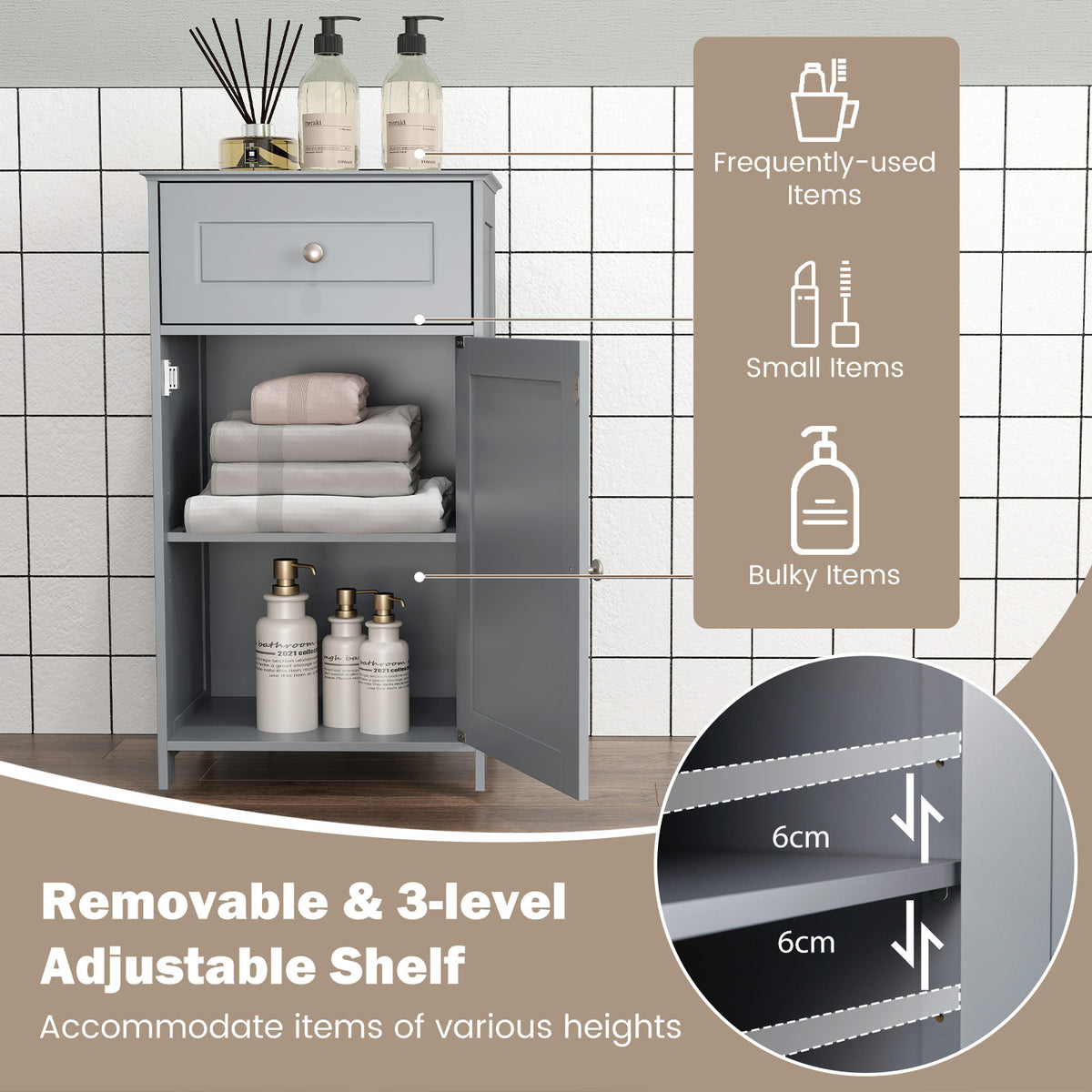 Bathroom Cabinet Floor Organizer with Single Door and Drawer-Grey