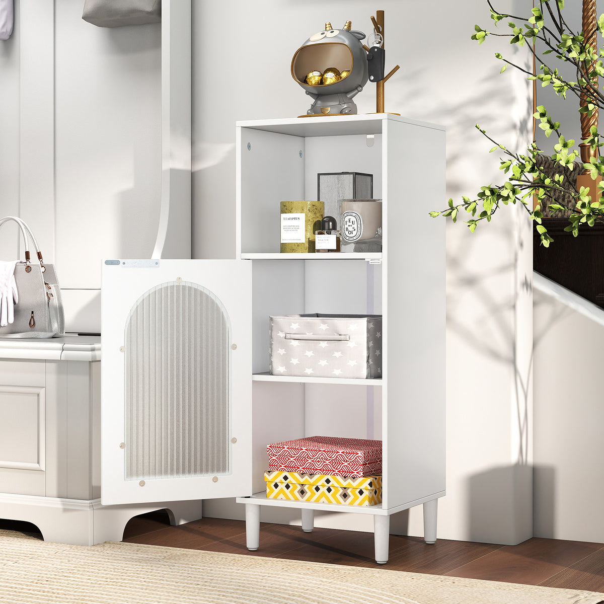 Bathroom Floor Cabinet with Adjustable Shelf for Hallway Living Room-White