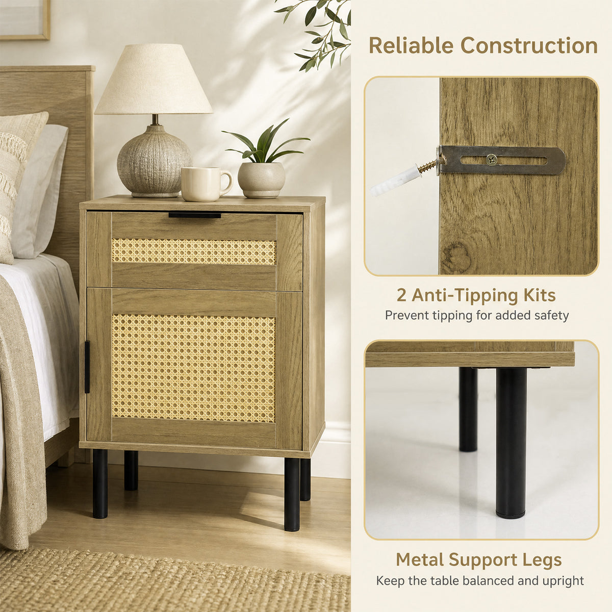Bedside Table with Rattan-decorated Storage Drawer and Door Metal Legs-Natural