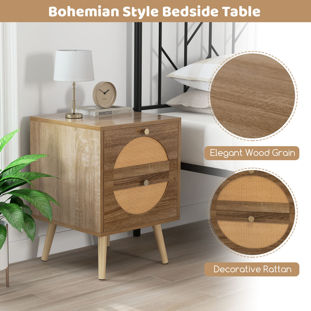 Bohemian Style Rattan Nightstand End Side Table with 2 Drawers-Oak