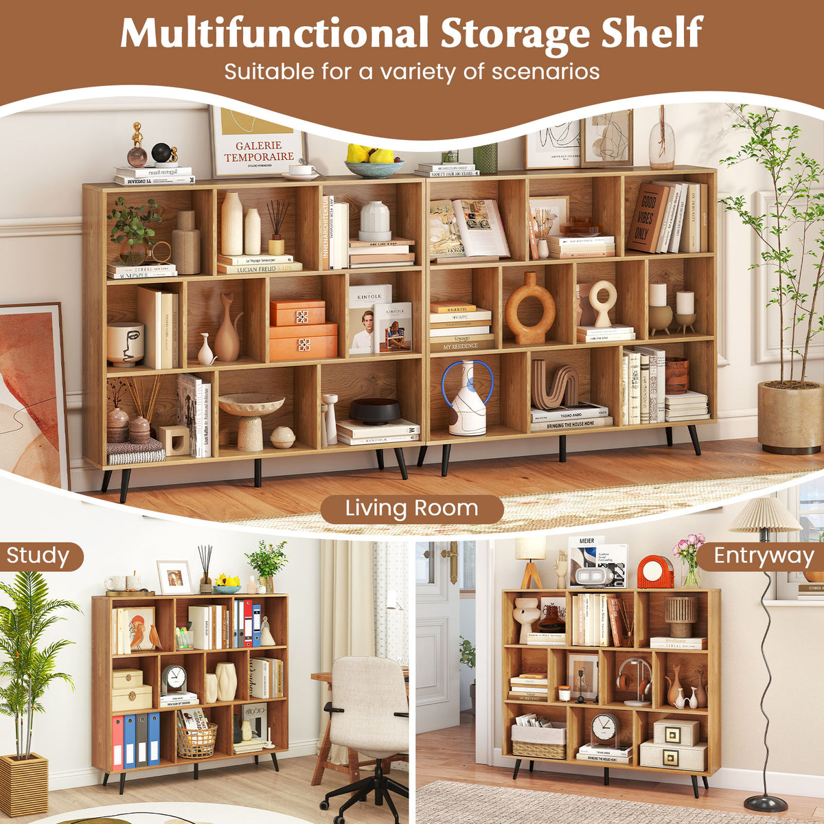 10-Cube Bookcase 120 CM Mid Century Modern Storage Organizer-Natural
